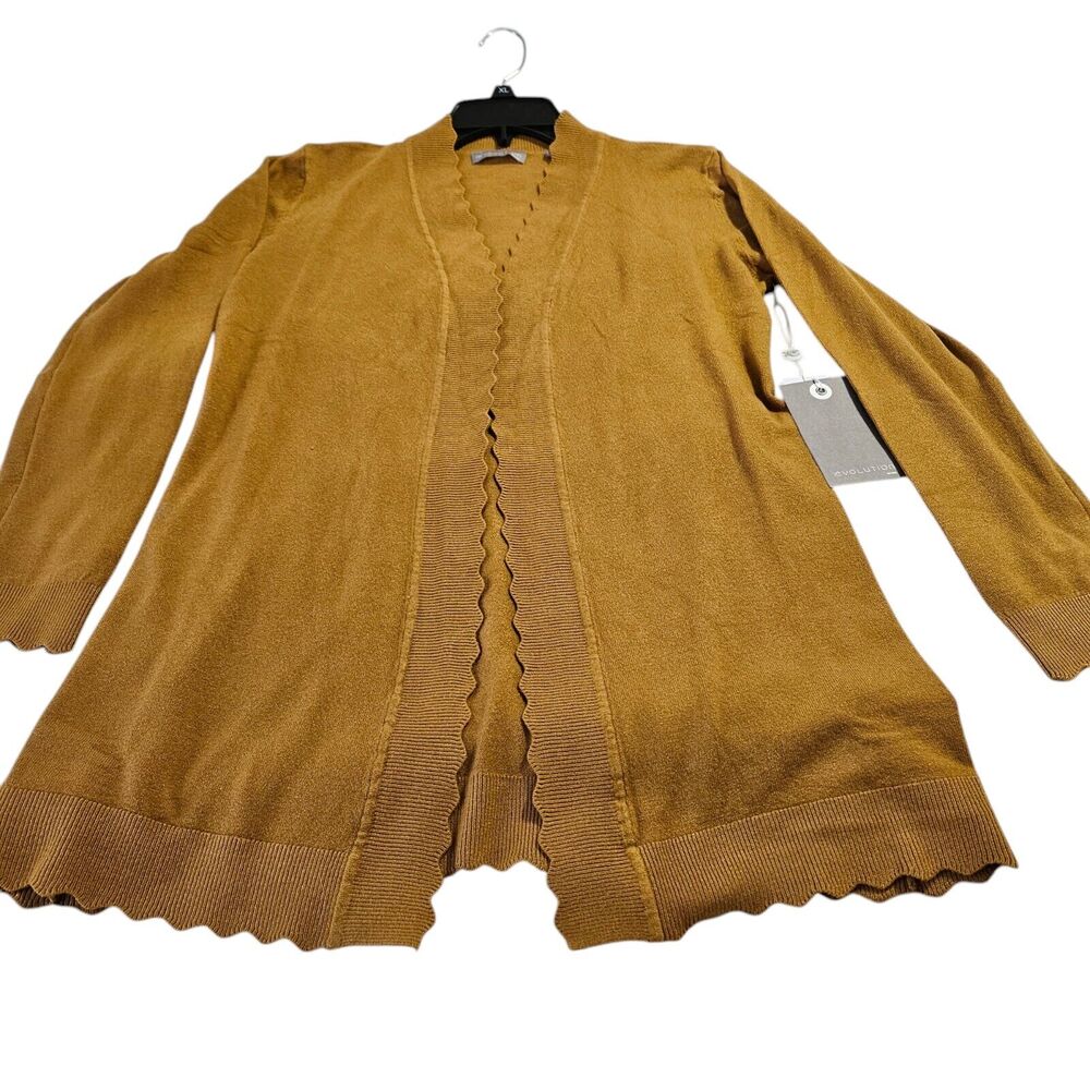 Evolution by Cyrus Sweater Womens XSP Gold Open Front Scallop Trim Long Sleeve